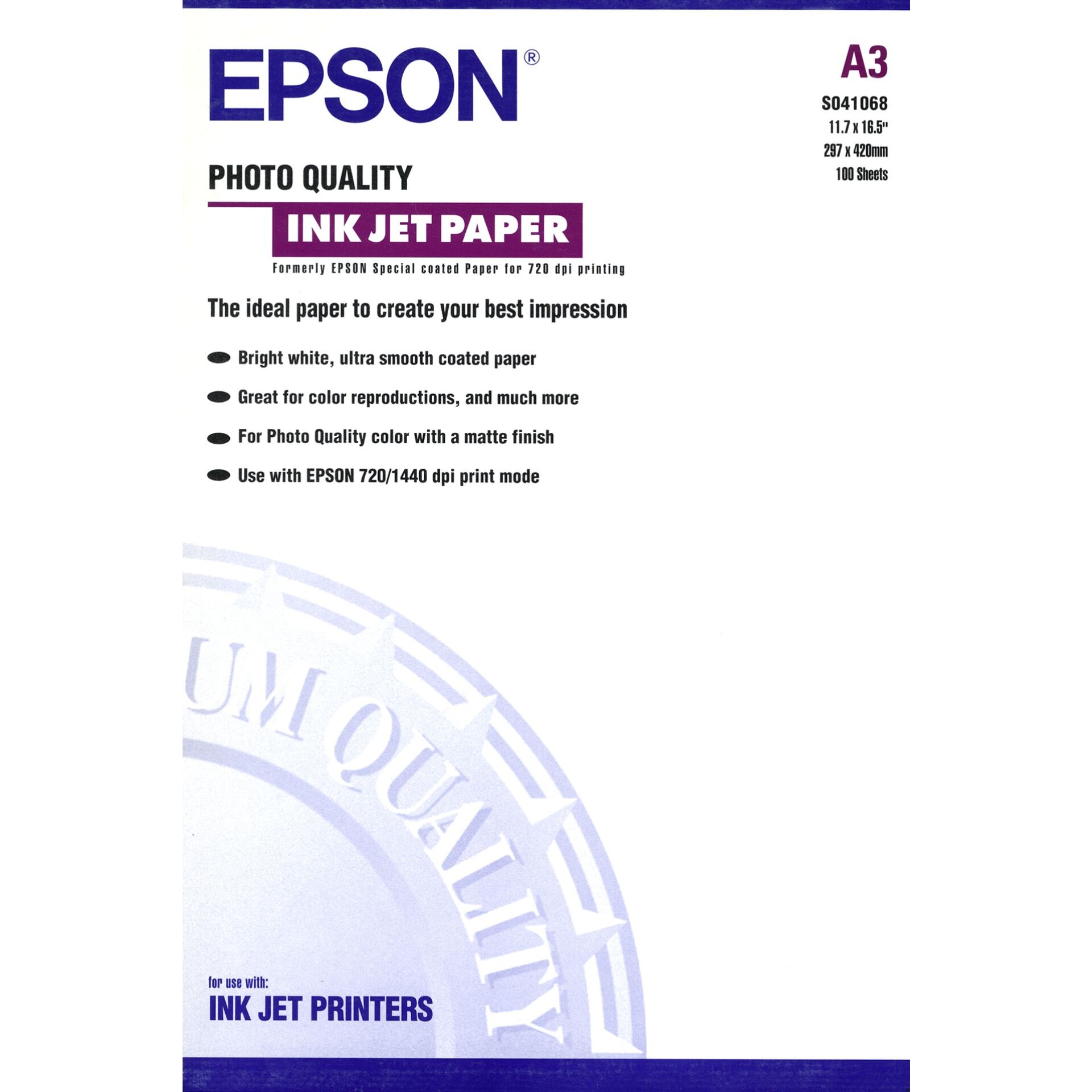 Epson Photo Quality Ink Jet Paper, DIN A3, 102g/m2, 100 Sheets -