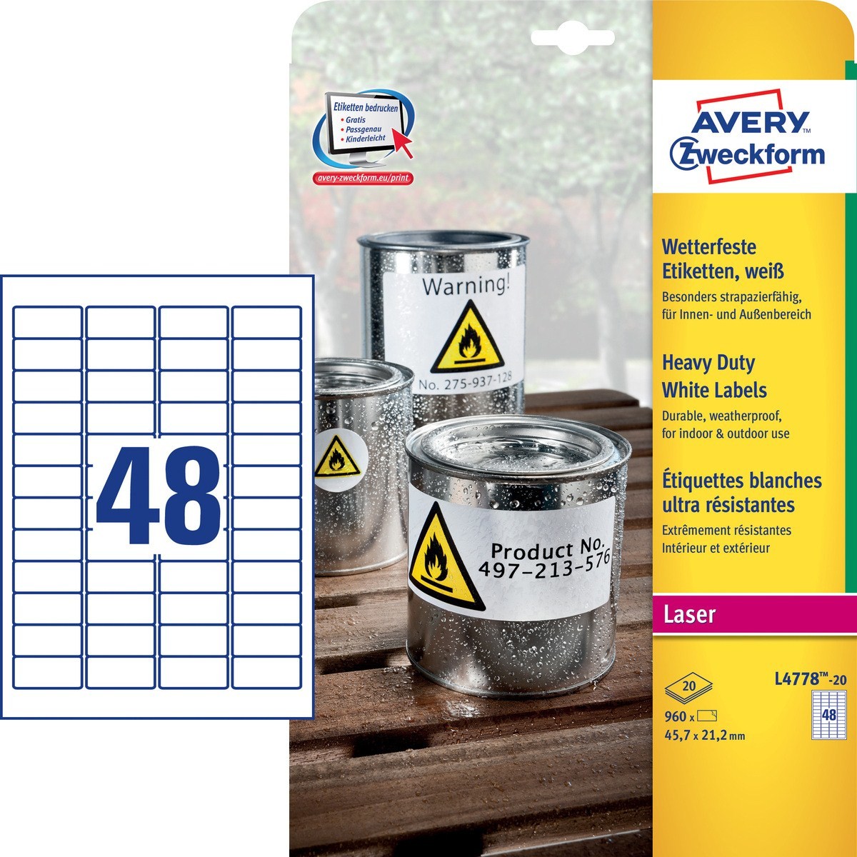 Avery-Zweckform L4778-20 Folien-Etiketten 45.7 x 21.2mm Polyester-