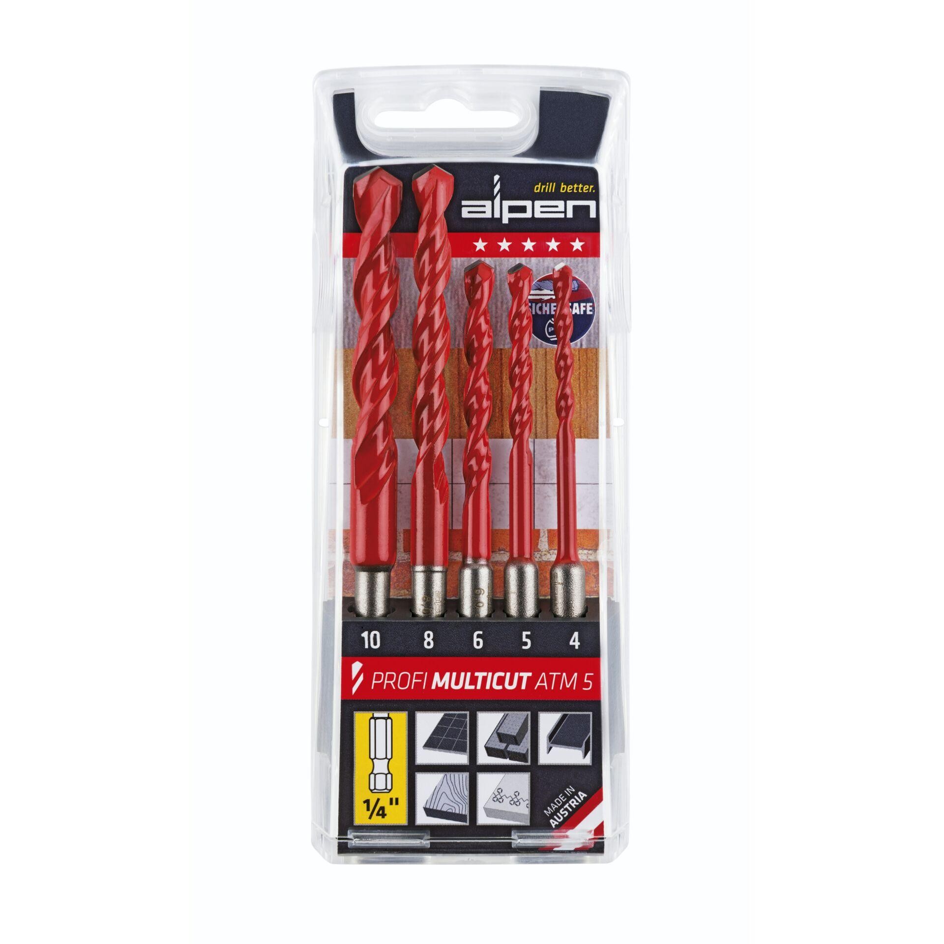 Alpen MultiCut 100805100 Hartmetall Mehrzweckbohrer-Set 5teilig 4 mm,