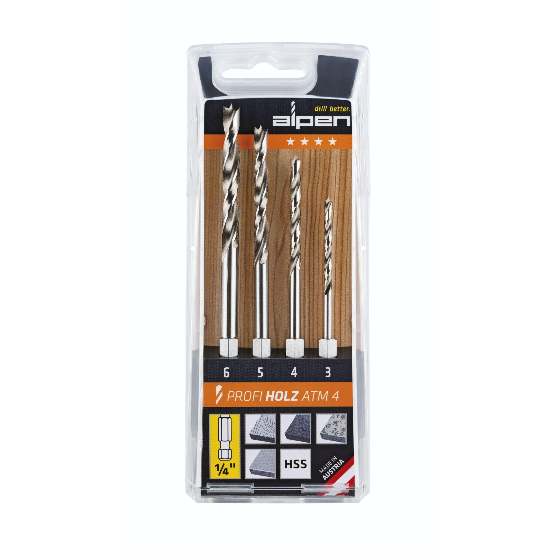 Alpen 603002100 Holz-Spiralbohrer-Set 4teilig 3 mm, 4 mm, 5 mm, 6mm 1/