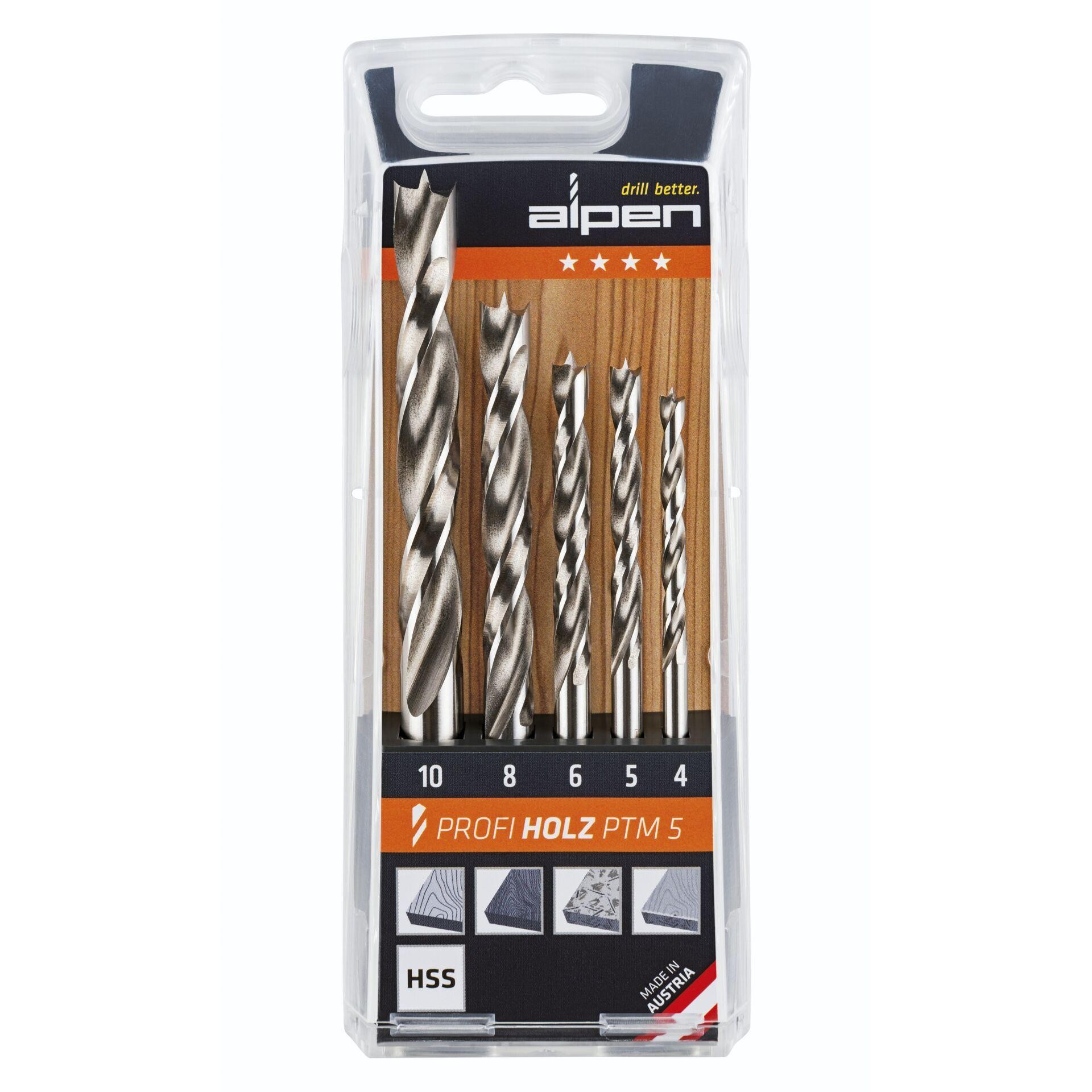 Alpen 600114100 Holz-Spiralbohrer-Set 5teilig 4 mm, 5 mm, 6 mm, 8 mm,