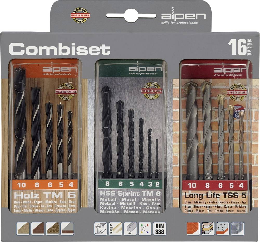 Alpen 801003100 16teilig Bohrer- and Bit-Sortiment Metall, Stein,