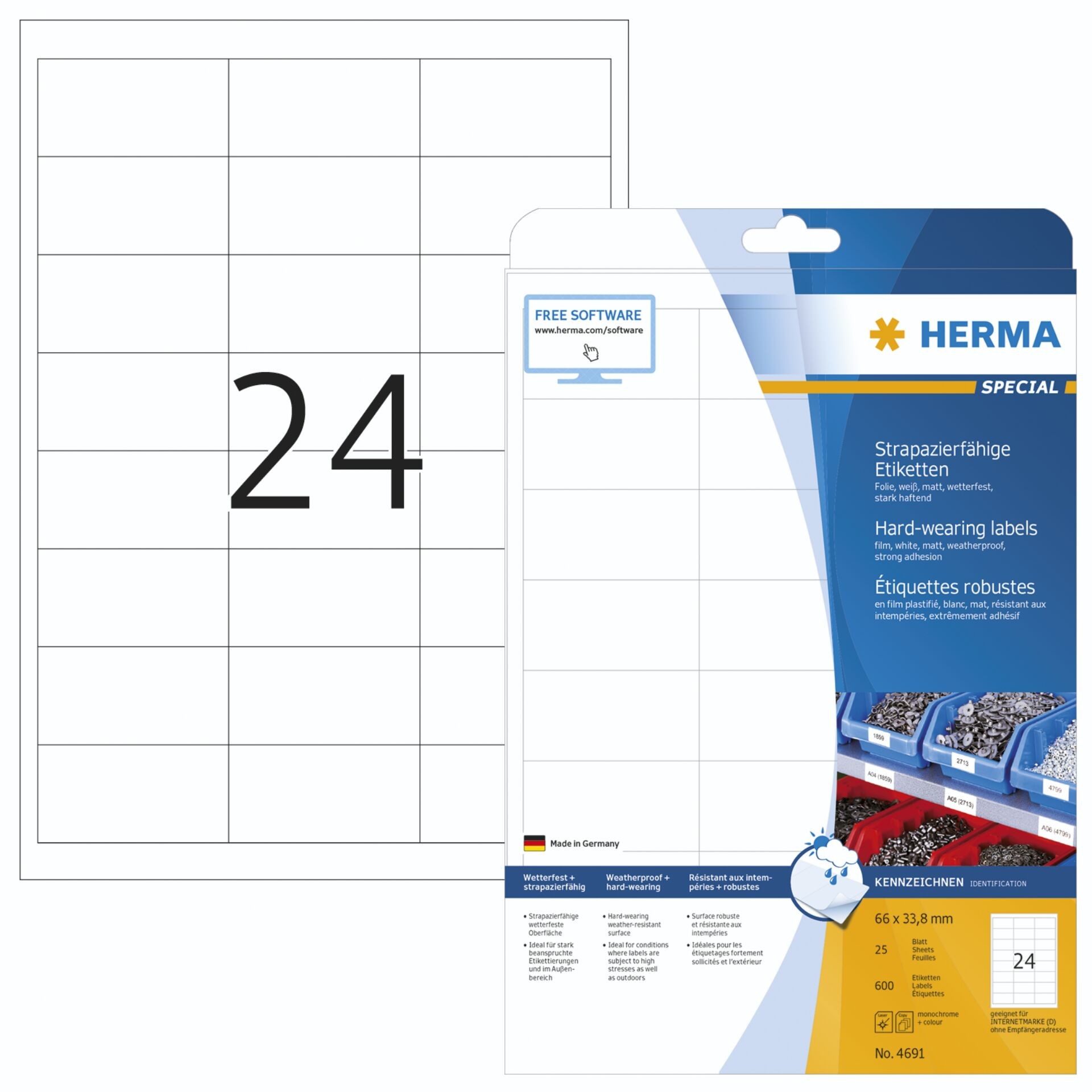 HERMA Labels hard-wearing A4 66x33.8 mm white strong adhesion film