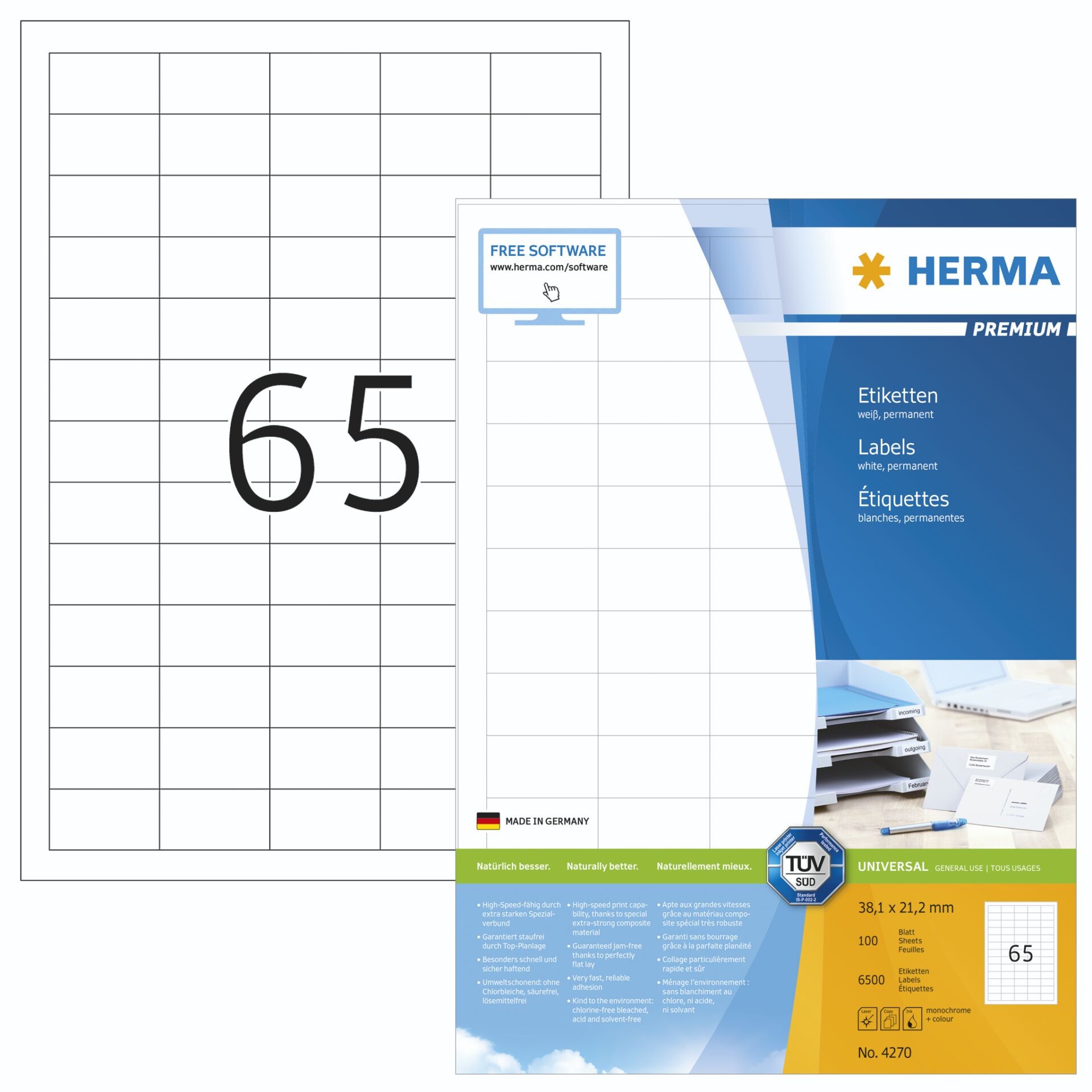 HERMA Étiquettes Premium A4 38.1x21.2 mm, blanches, papier mat, 6500