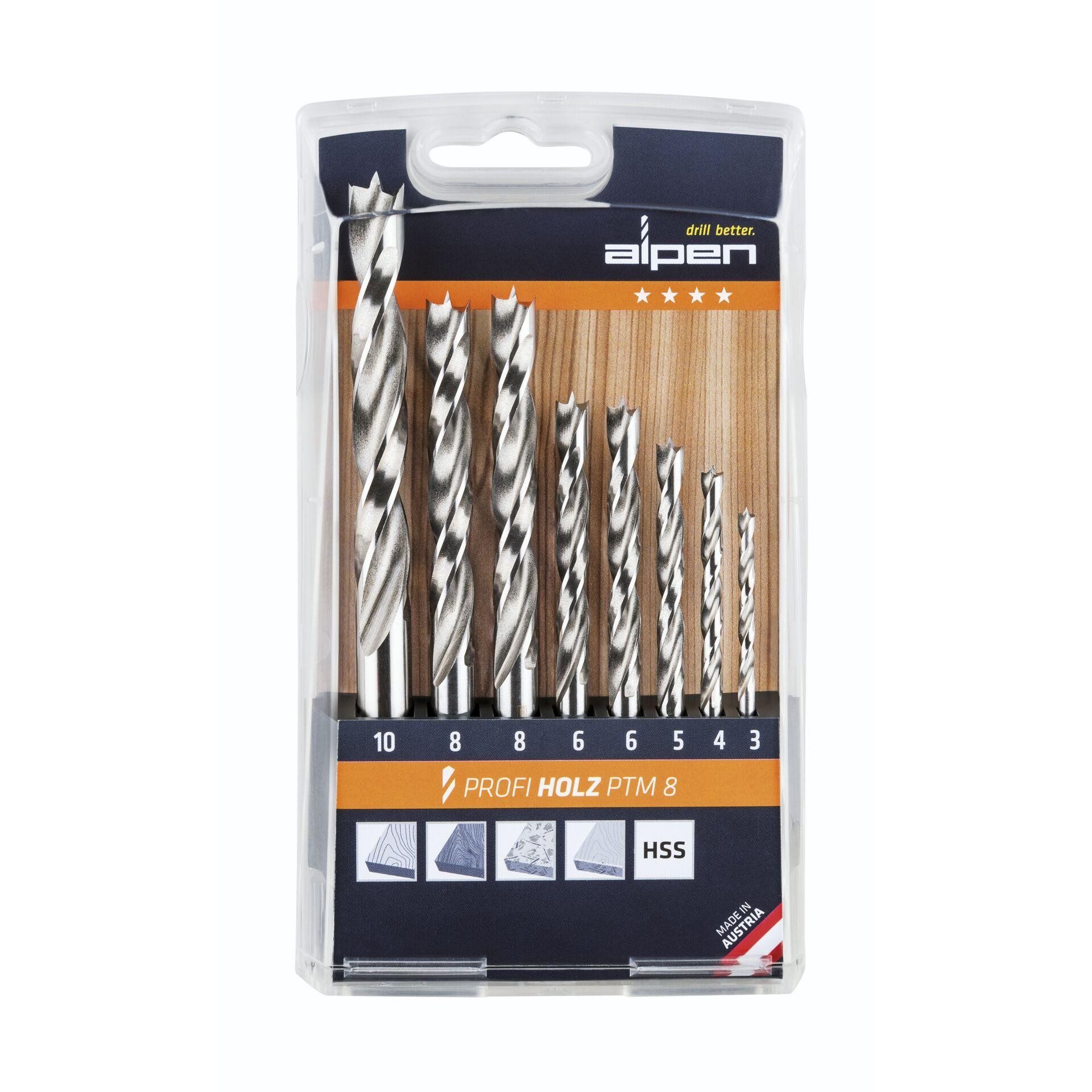 Alpen 600093100 Holz-Spiralbohrer-Set 8teilig 3 mm, 4 mm, 5 mm, 6 mm,