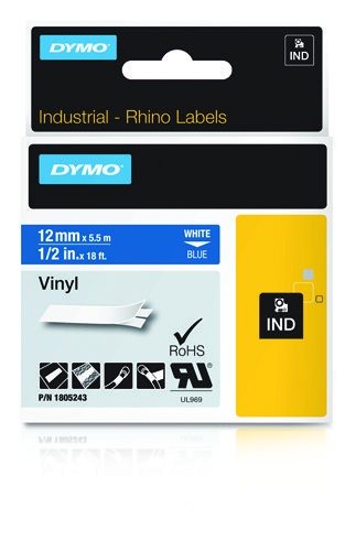 DYMO Rhino Industrial Vinyl Labels | 12 mm x 5.5m | White Print on