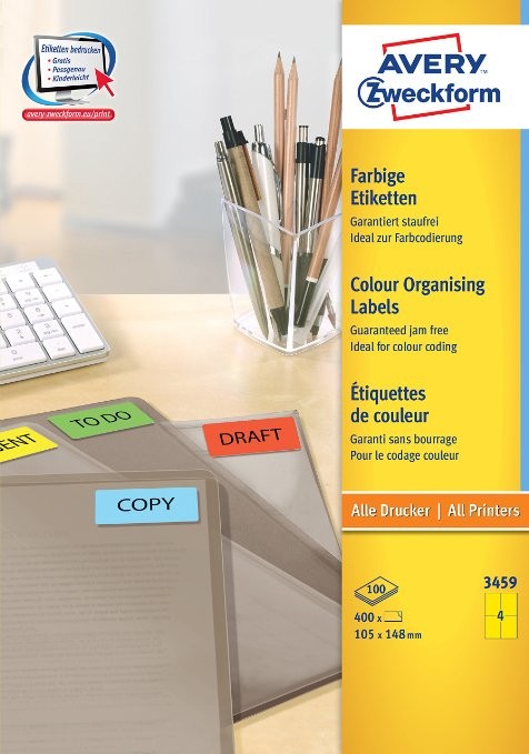 Avery Coloured Labels, Yellow, 105 x 148 mm - Avery Coloured Labels,