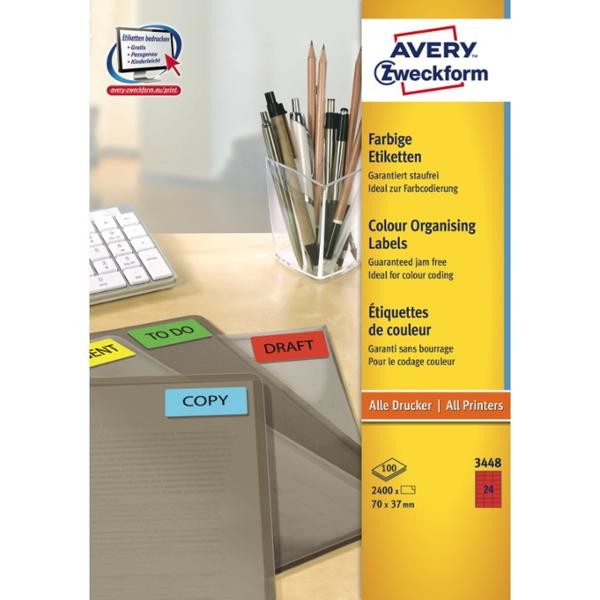 Avery Coloured Labels, Red, 70 x 37 mm - Avery Coloured Labels, Red,