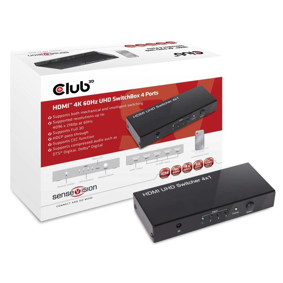 Club3D CSv-1370 4 Port HDMI-Switch 4096 x 2160 Pixel Eurostecker