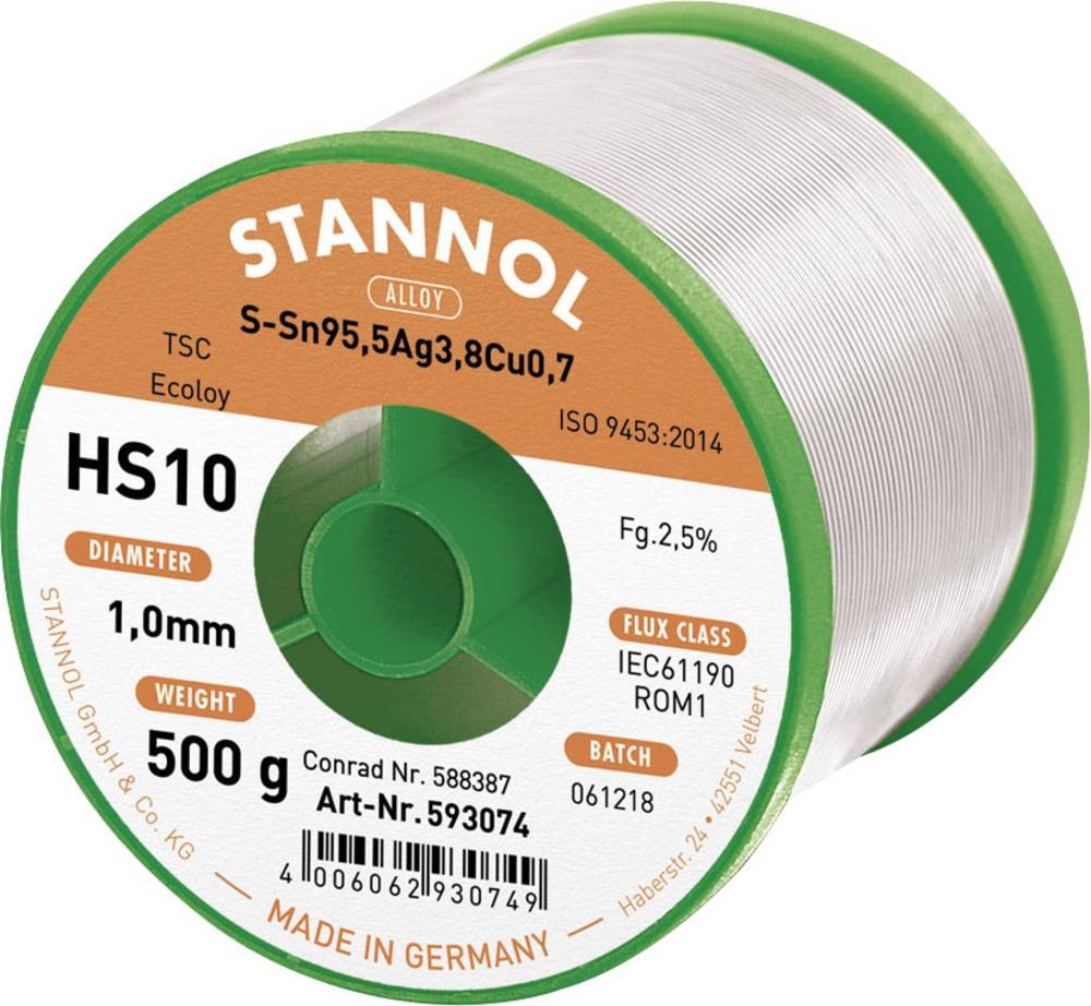 Stannol HS10 2510 Lötzinn, bleifrei Spule Sn95,5Ag3,8Cu0,7 ROM1 500g