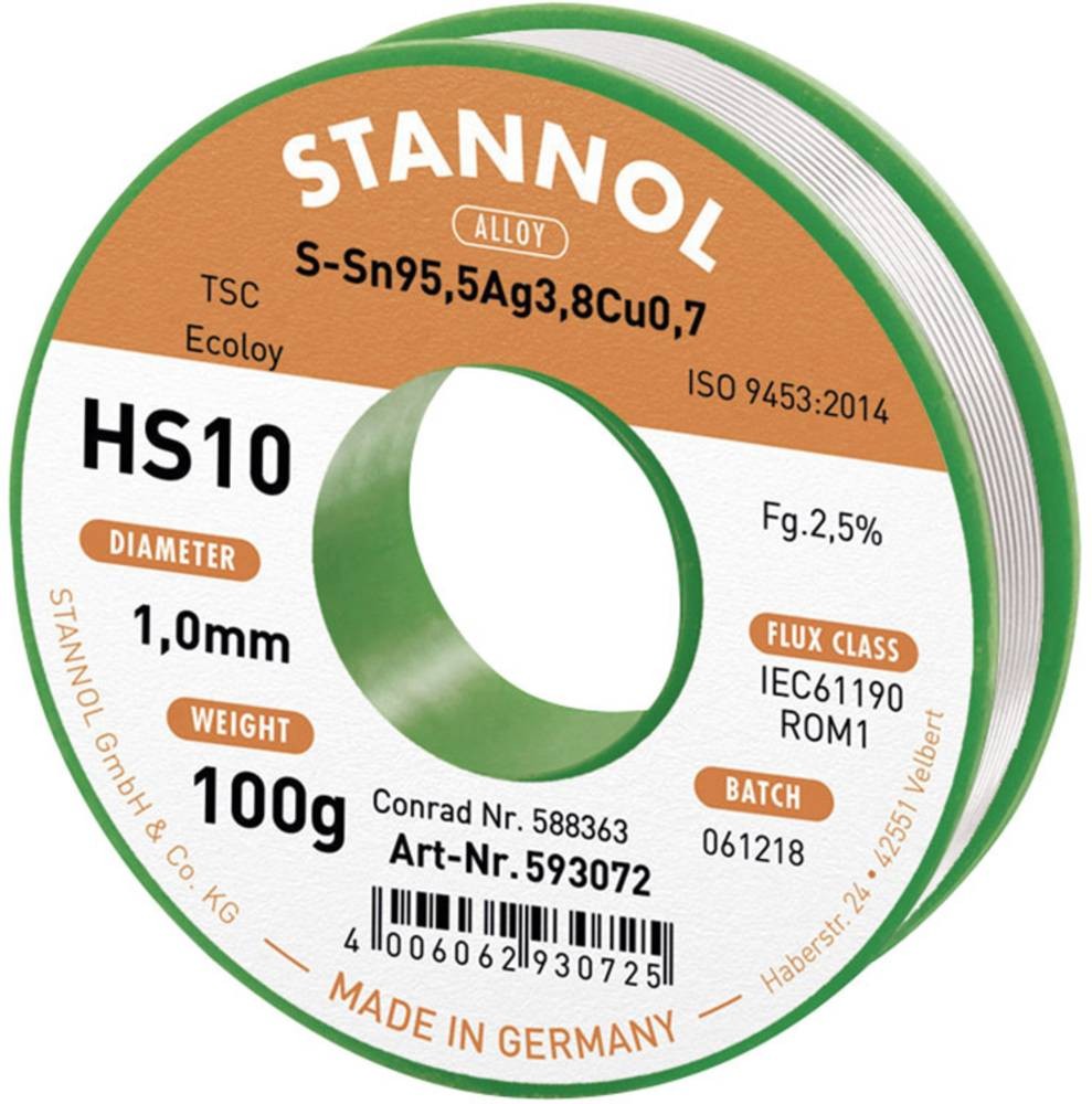 Stannol HS10 2510 Lötzinn, bleifrei Spule Sn95,5Ag3,8Cu0,7 ROM1 100g