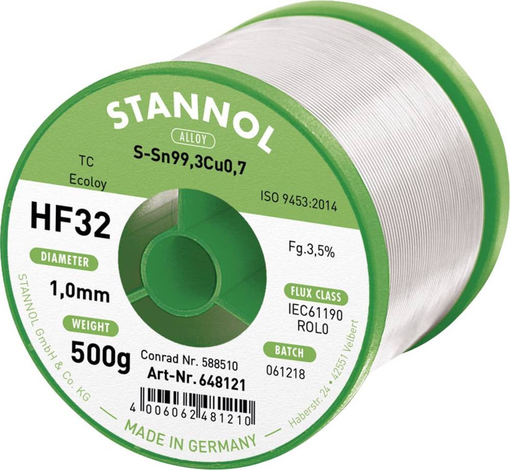 Stannol HF32 3500 Lötzinn, bleifrei Spule Sn99,3Cu0,7 REL0 500g 1mm
