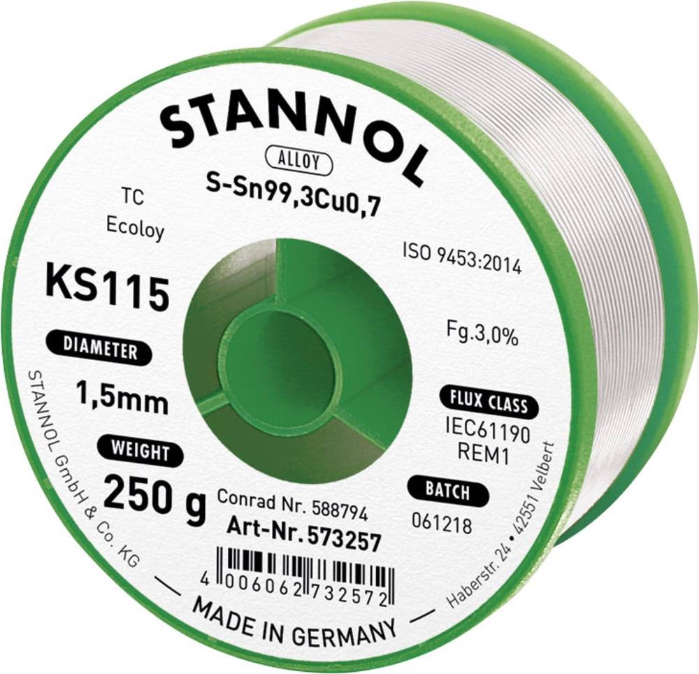 Stannol KS115 Lötzinn, bleifrei Spule Sn99,3Cu0,7 ROM1 250g 1.5mm