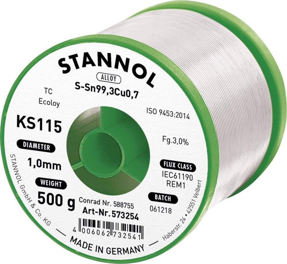 Stannol KS115 Lötzinn, bleifrei Spule Sn99,3Cu0,7 ROM1 500g 1mm
