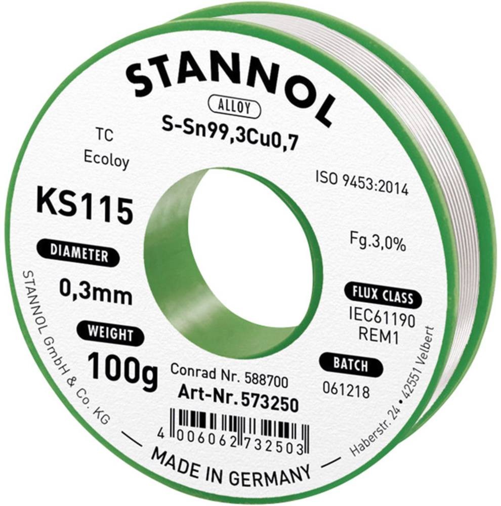 Stannol KS115 Lötzinn, bleifrei Spule Sn99,3Cu0,7 ROM1 100g 0.3mm