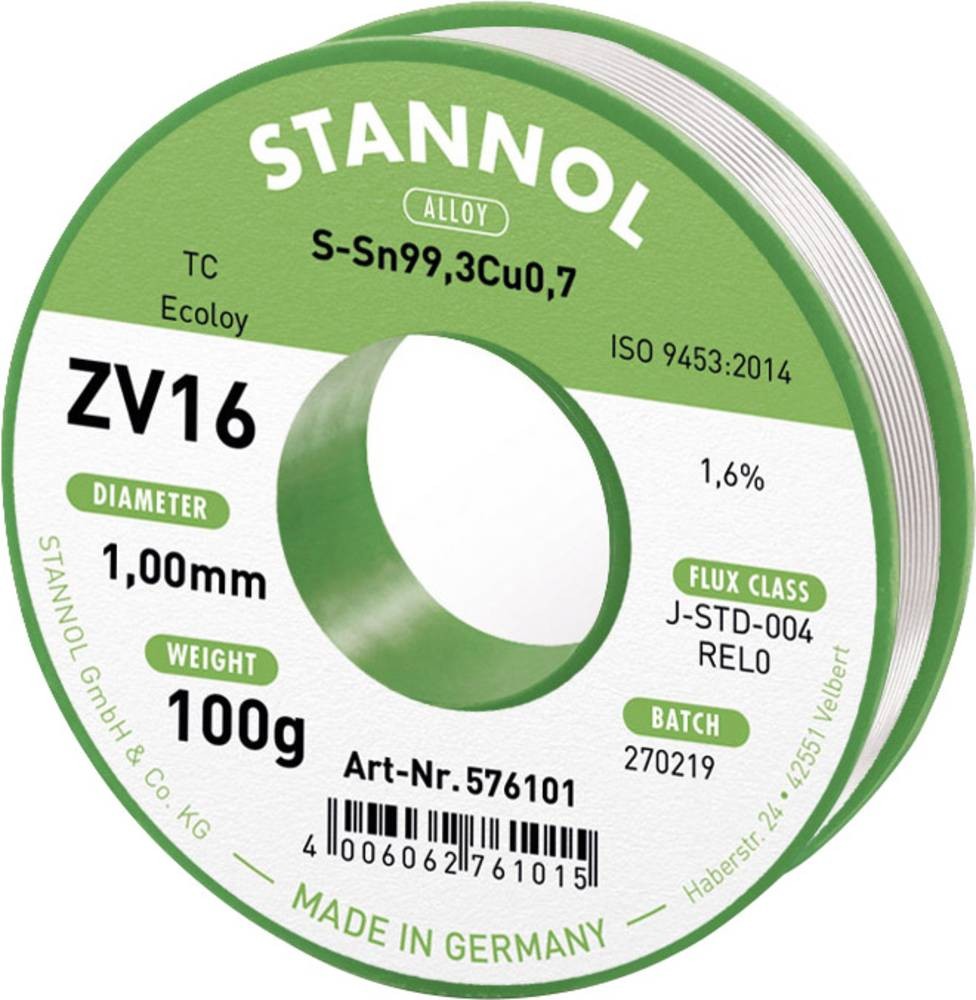 Stannol ZV16 Lötzinn, bleifrei bleifrei Sn99,3Cu0,7 REL0 100g 1mm