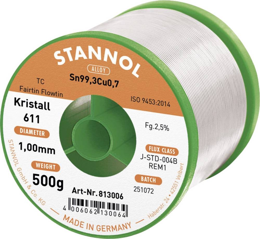 Stannol Kristall 611 Fairtin Lötzinn, bleifrei bleifrei Sn99,3Cu0,7