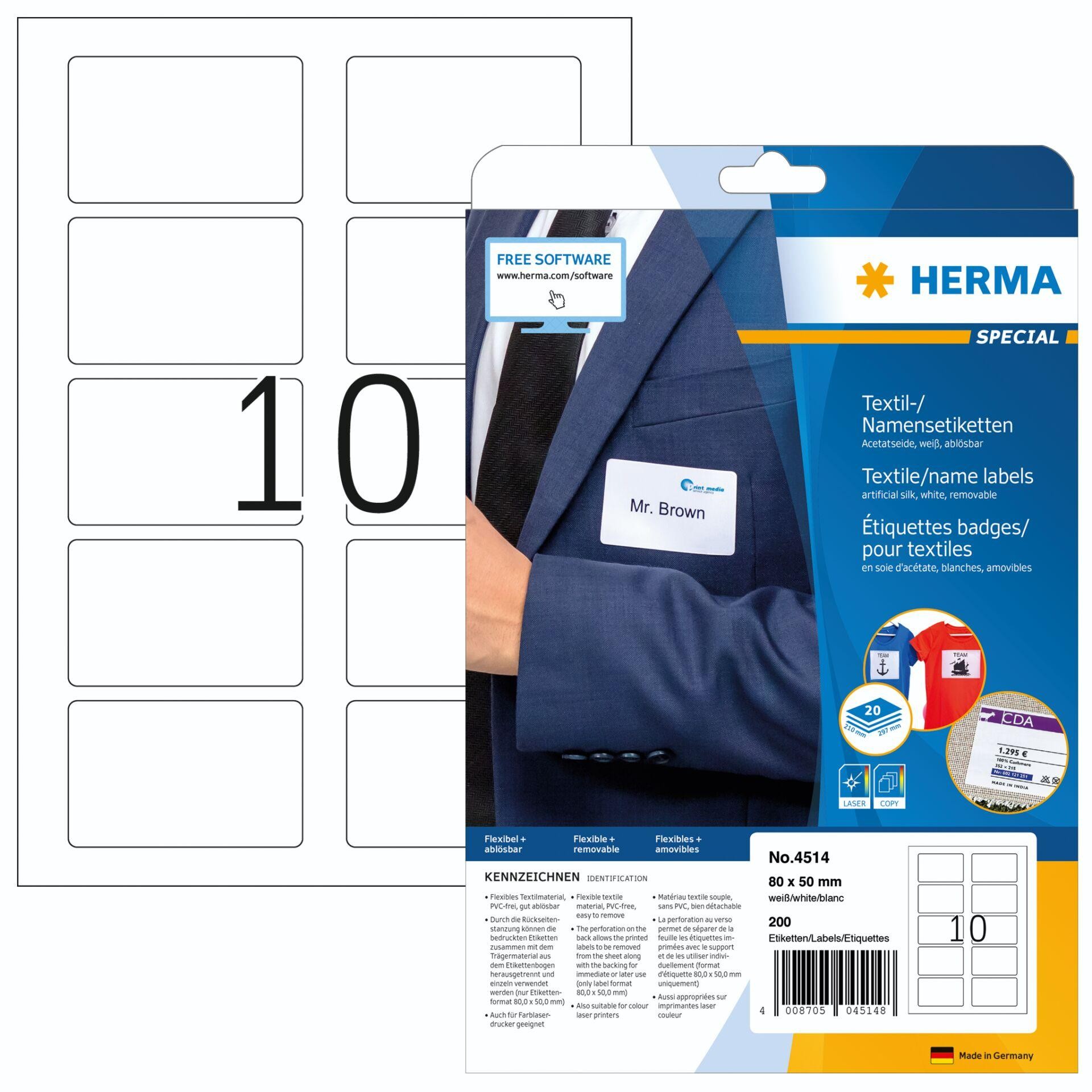 Herma 4514 Namens-Etiketten 80 x 50mm Acetatseide Weiß 200 St.