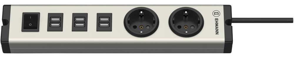 Ehmann USB Ladegerät 6x USB-A, Schutzkontakt-Steckdose Grau, Schwarz