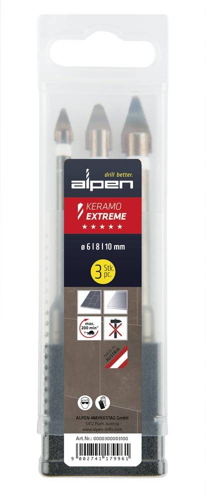 Alpen 0000300003100 Glasbohrer-Set 6 mm, 8 mm, 10mm Zylinderschaft 1