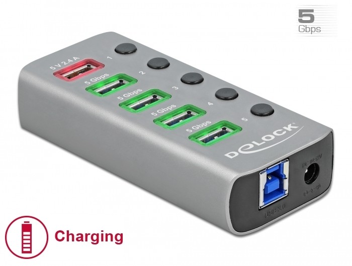 DeLOCK Concentrador USB 5 Gbps con 4 puertos + 1 puerto de carga rá