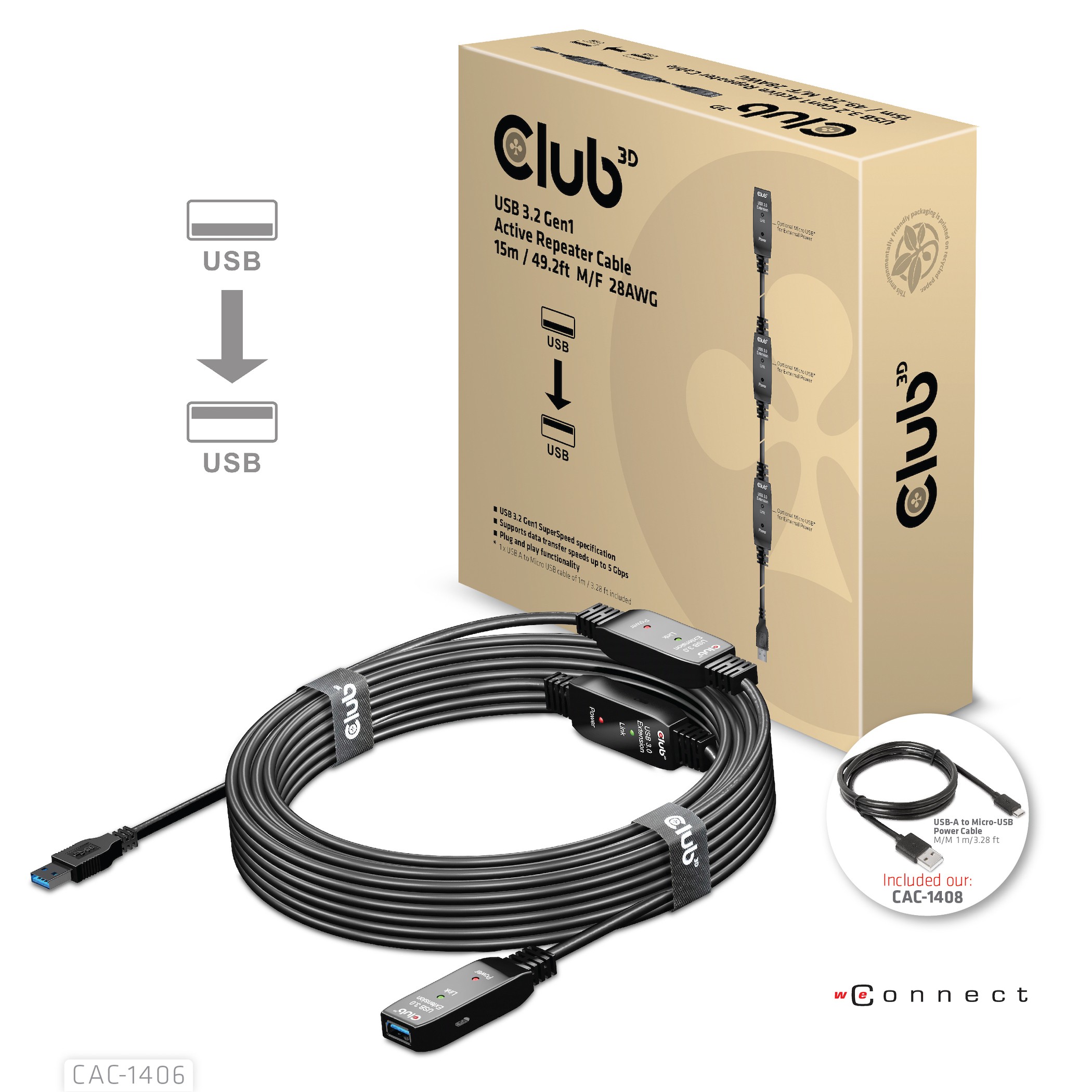 Club3D USB 3.2 A Verlängerungskabel 15m aktiv 5 Gbps St/Bu retail
