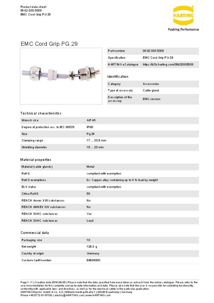 Harting EMC Series Metallic Cable Gland, PG29 Thread, 17mm min., 21mm