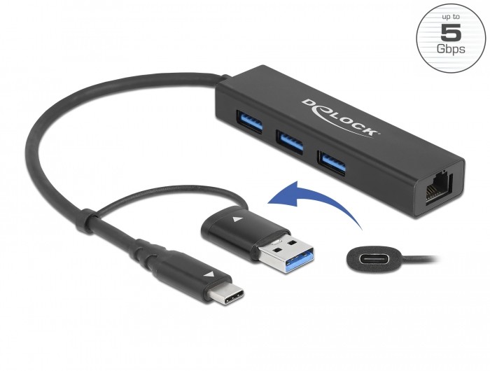 DeLOCK 3 Port USB 3.2 Gen 1 Hub + Gigabit LAN with USB Type-C or USB