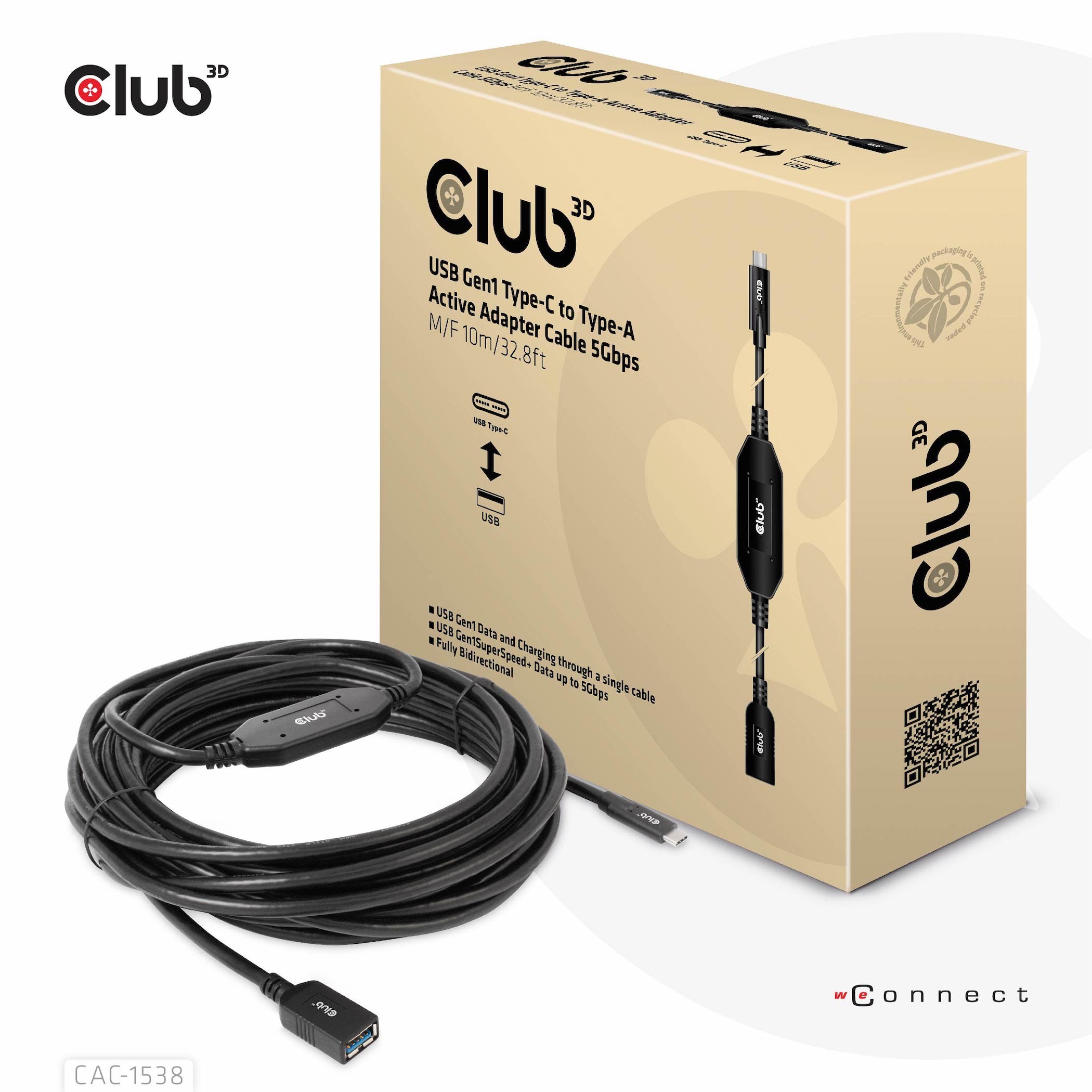 CLUB3D USB Gen1 Type-C to Type-A Active Adapter Cable 5Gbps M/F 10m/