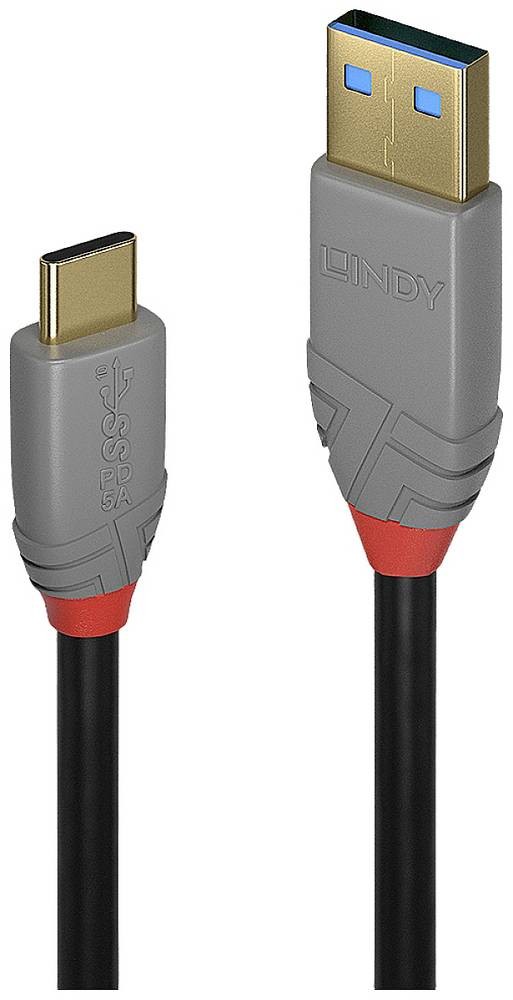 Lindy 1.5m USB 3.2 Type A to C Cable, 10Gbps, 5A, PD, Anthra Line -