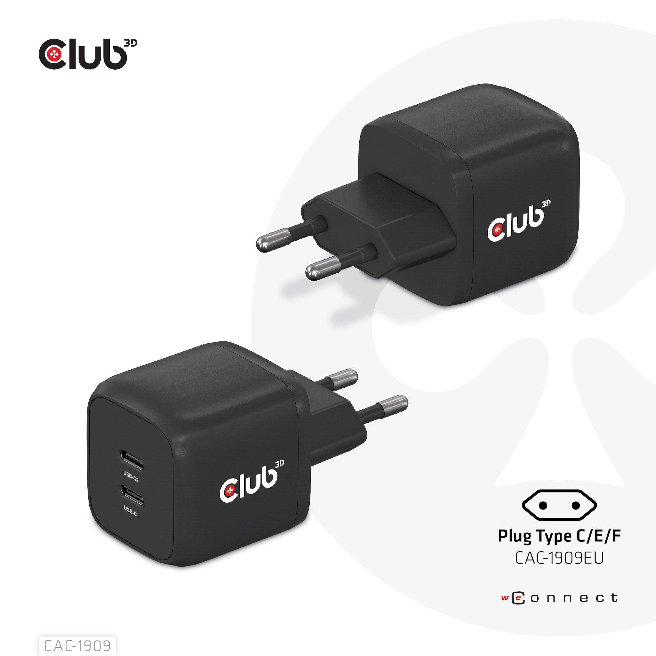 CLUB3D Travel Charger PPS 45W GAN technology, Dual port USB Type-C,