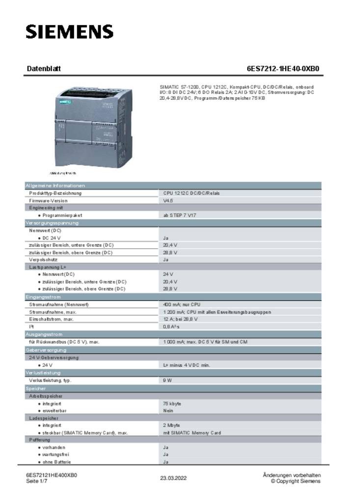 Siemens CPU 1212C, DC/DC/Relay, 8DI/6DO/2AI - Siemens CPU 1212C, DC/