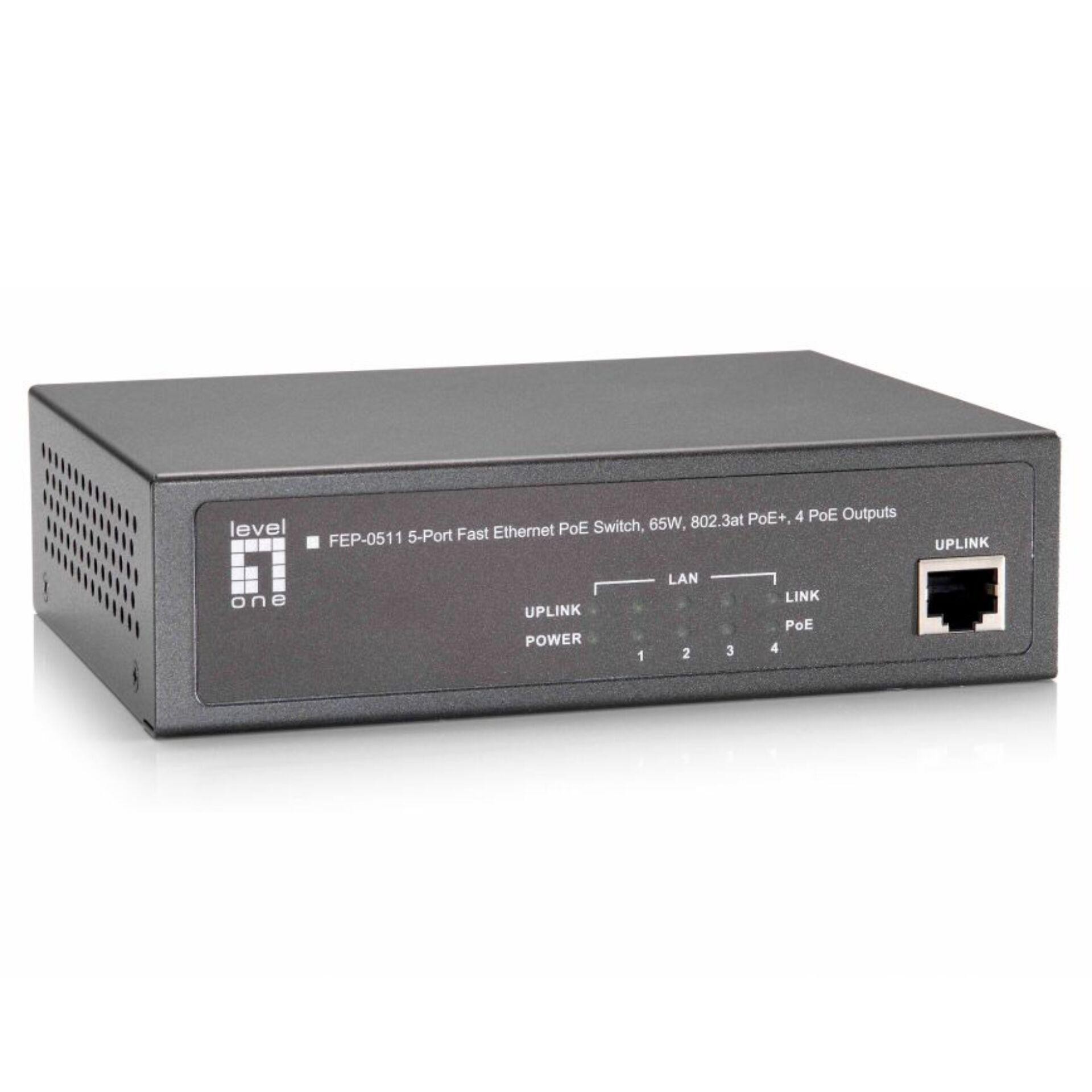 LevelOne 5-Port Fast Ethernet PoE Switch, 802.3at/af PoE, 4 PoE