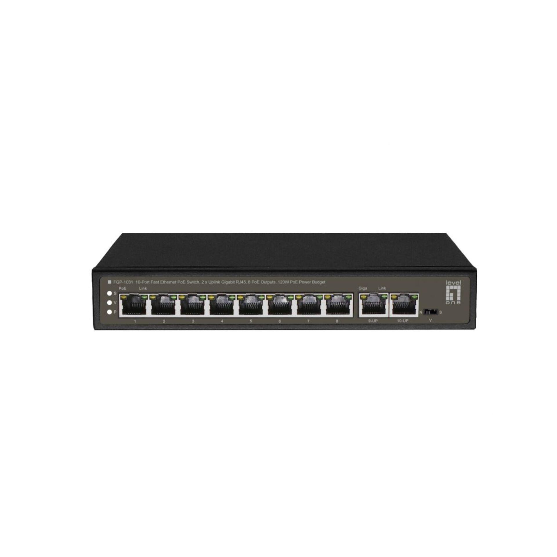 LevelOne Switch 10 Fast Ethernet-Ports mit 8 PoE-Ports 120W 2 Uplink