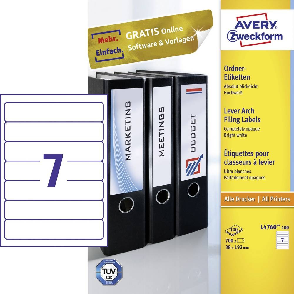 Avery Etiquette dos de classeur, blanc, 192,0 x 38,0 mm, Adhésif