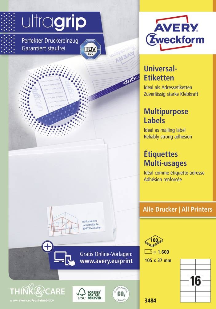Avery-Zweckform 3484 Universal-Etiketten 105 x 37mm paper white 1600