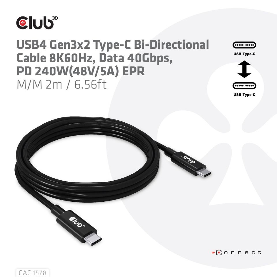 Cable USB Club 3D CAC 1578 de 2 m USB4 Gen 3x2 8k60Hz 40 Gbit/s Cable USB Club 3D CAC 1578 de 2 m USB4 Gen 3x2 8k60Hz 40 Gbit/s