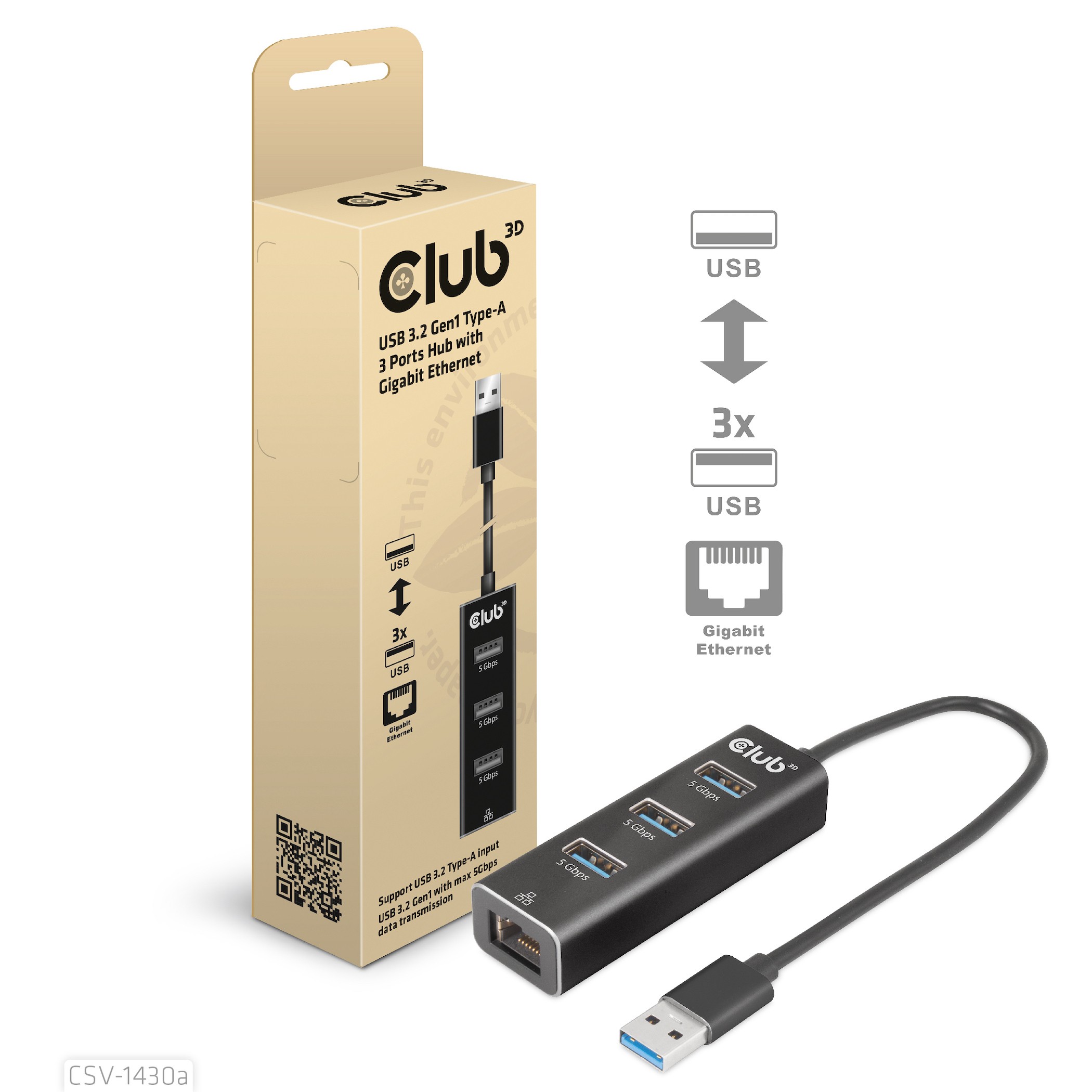 CLUB3D CSV-1430a Avec fil USB 3.2 Gen 1 (3.1 Gen 1) Type-A Noir -
