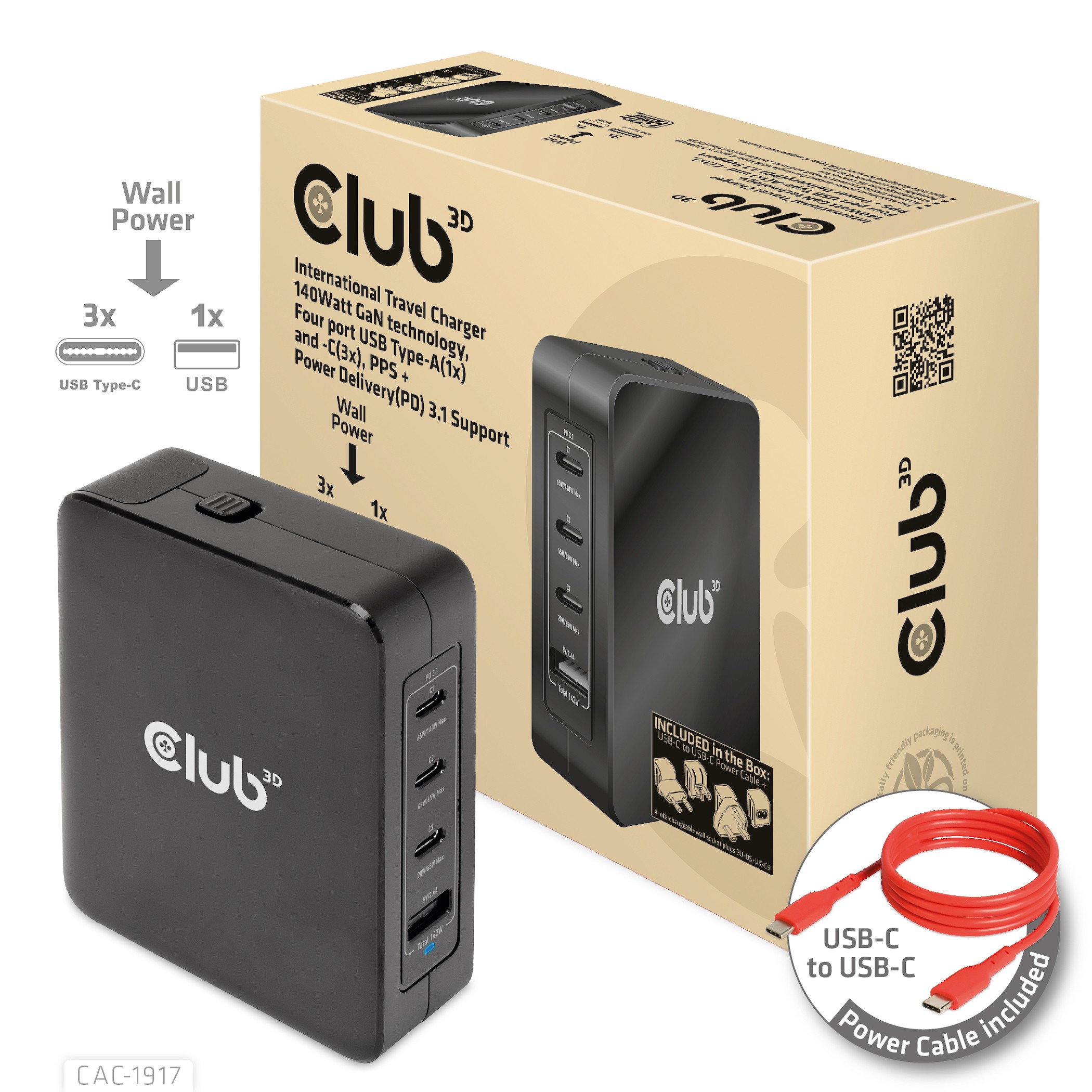 Club3D Club 3D Reise Ladegerät 140W GAN, PPS, Power Delivery (PD) 3.1