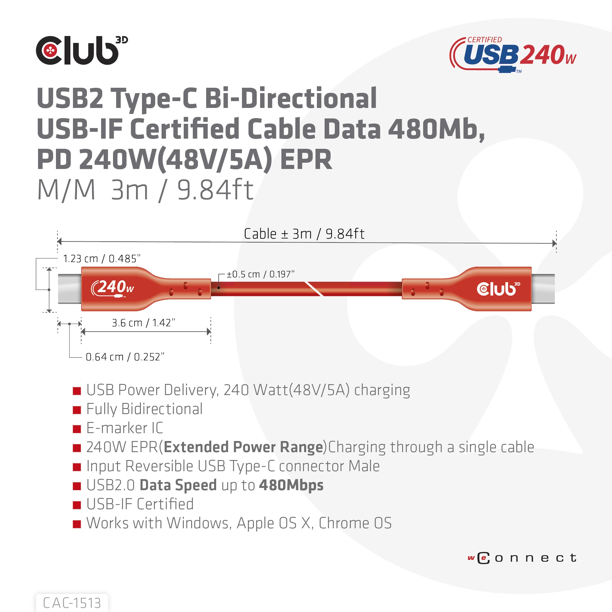Sotel | CLUB3D Cable certificado USB2 tipo C bidireccional USB-IF Datos ...