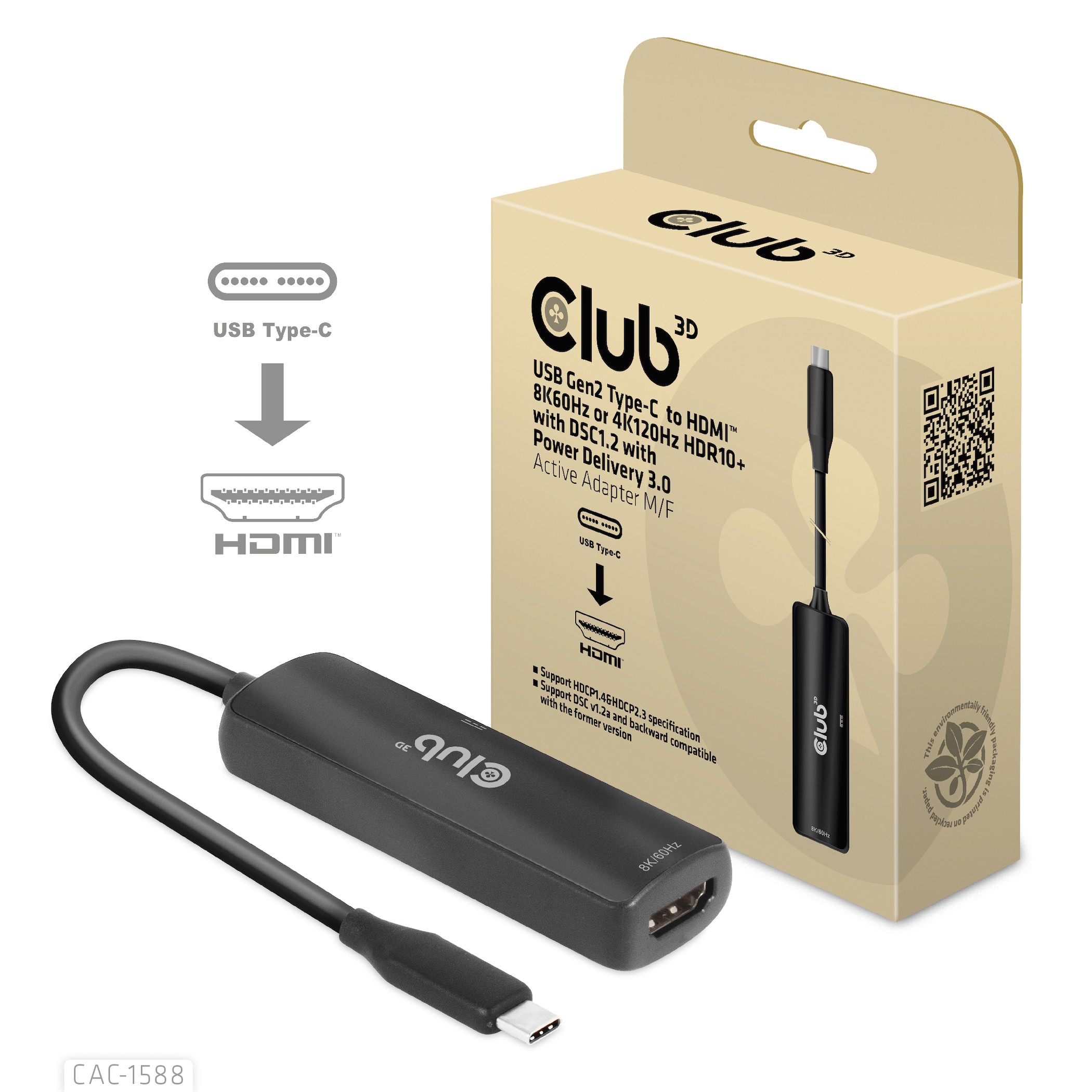 CLUB3D USB Gen2 Type-C to HDMI 8K60Hz or 4K120Hz HDR10+ with DSC1.