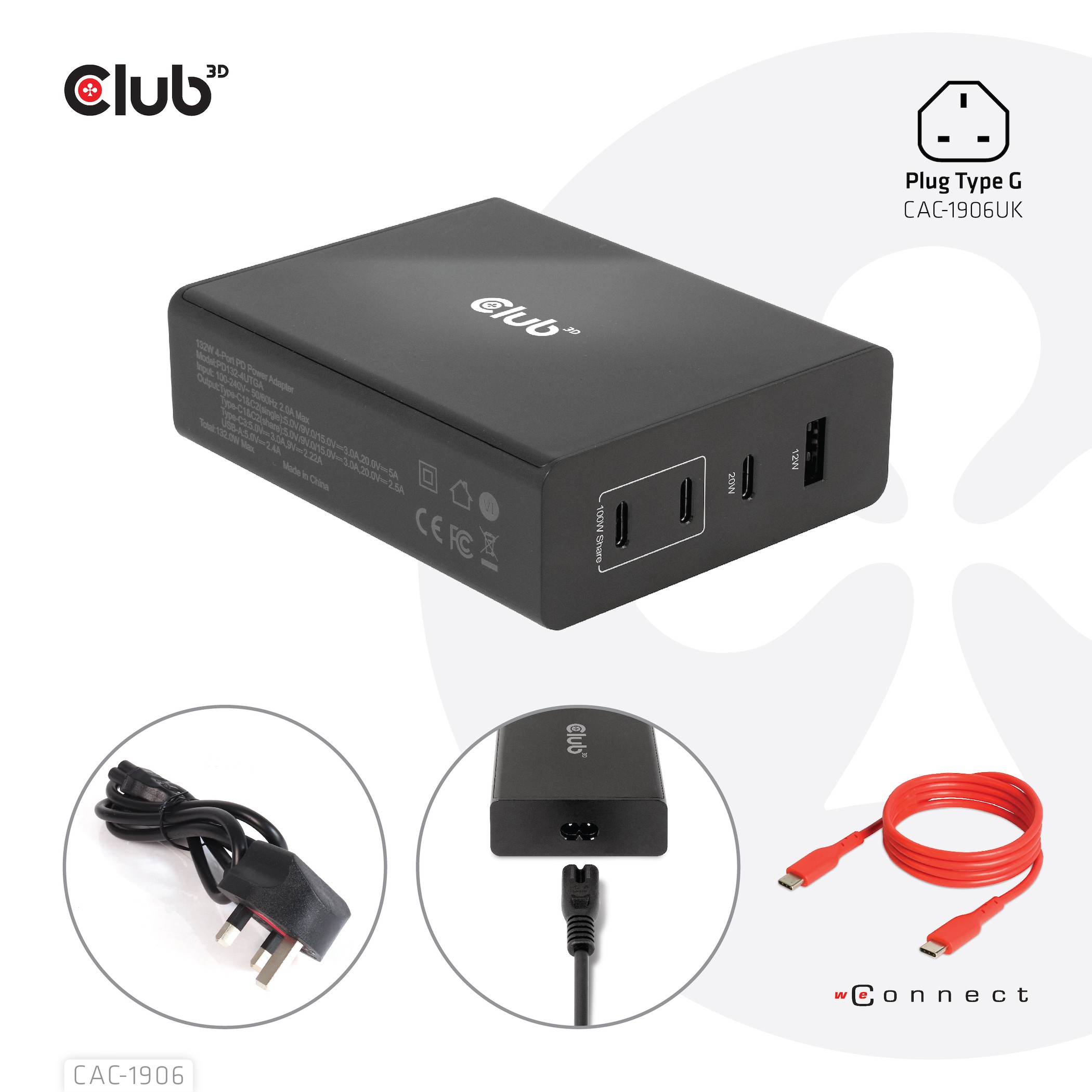 CLUB3D Travel Charger 132W GAN technology, Four port USB Type-A and -