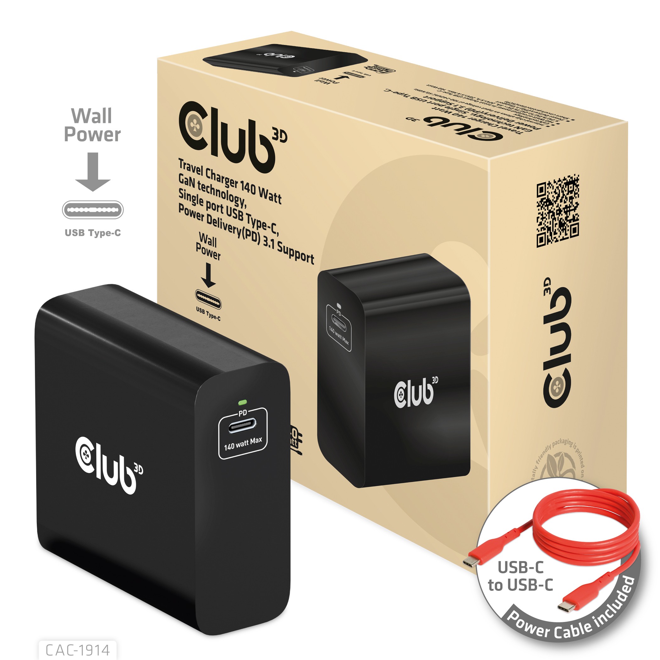 CLUB3D Travel Charger 140 Watt GaN technology, Single port USB Type-C,