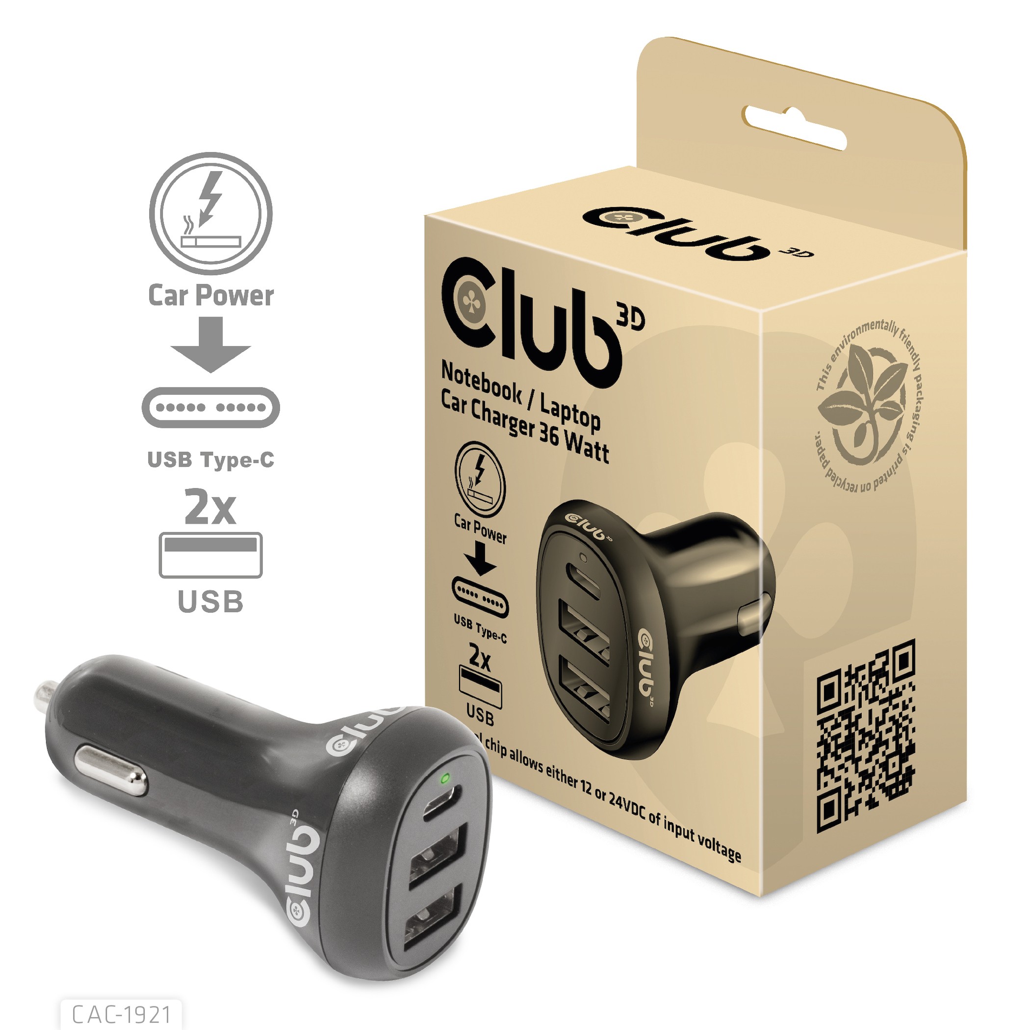 CLUB3D Notebook / Laptop Car Charger 36 Watt - CLUB3D Notebook /