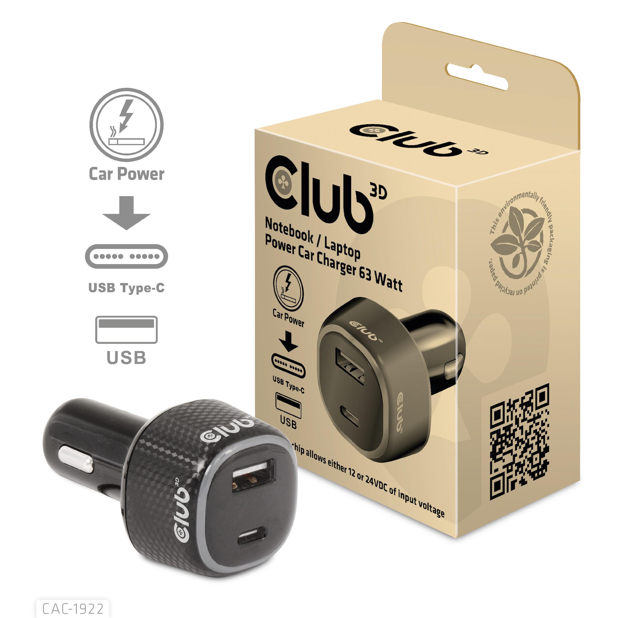 CLUB3D Notebook / Laptop Power Car Charger 63 Watt - CLUB3D Notebook /