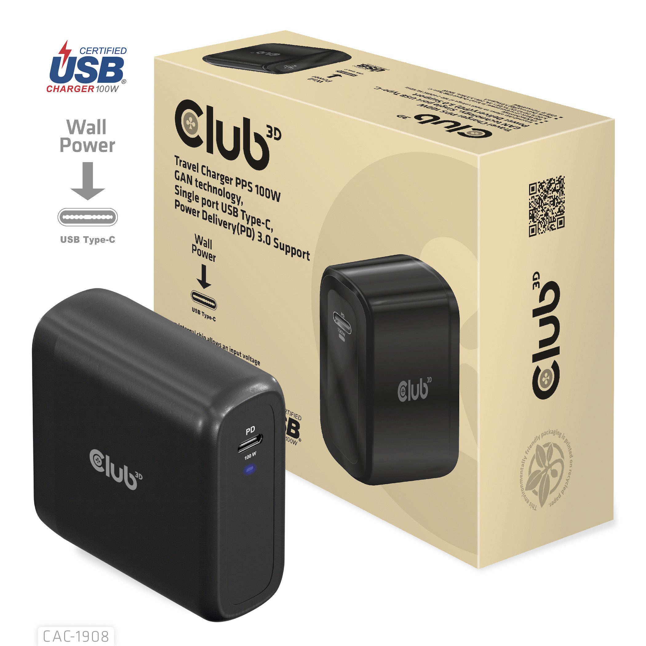 CLUB3D Travel Charger 100 Watt GAN technology, USB-IF TID certified,