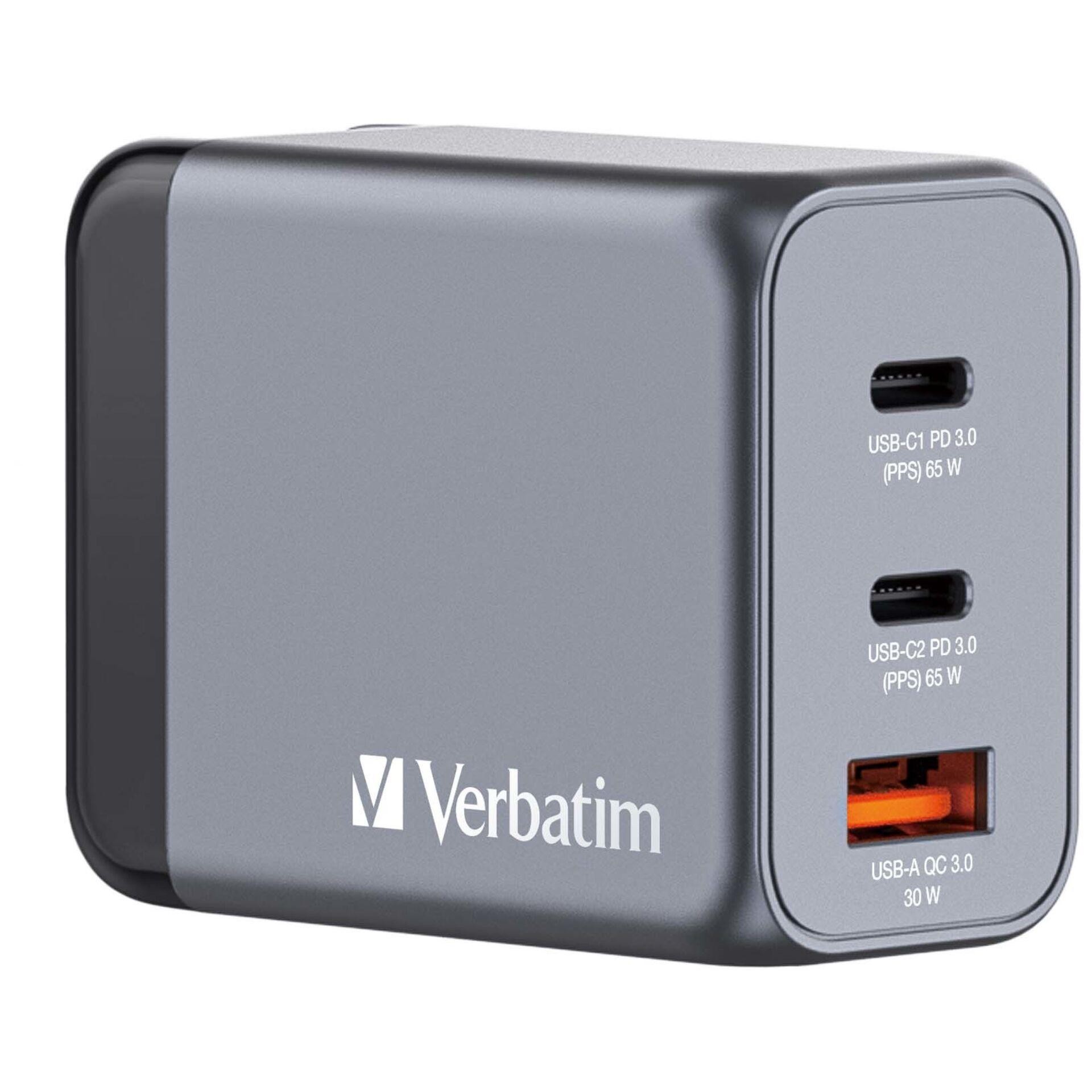 Verbatim GNC-65 GaN Charger 65W with 2 x USB-C PD 65W / 1 x USB-A QC
