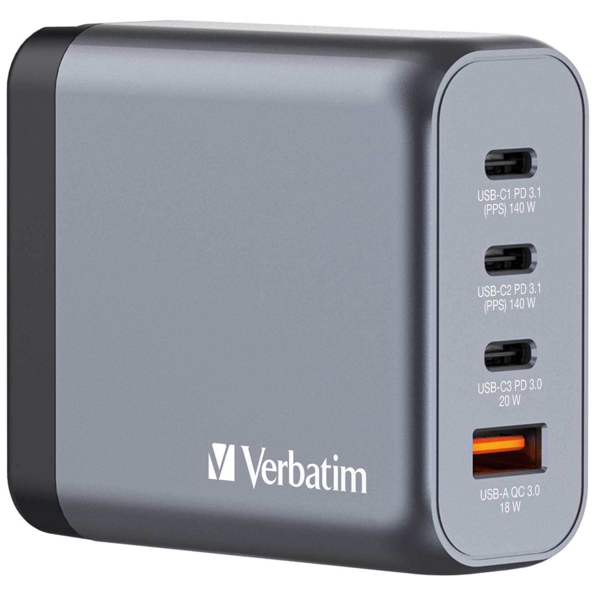 Verbatim GNC-140 GaN Charger 140W with 2 x USB-C PD 140W / 1 x USB-C