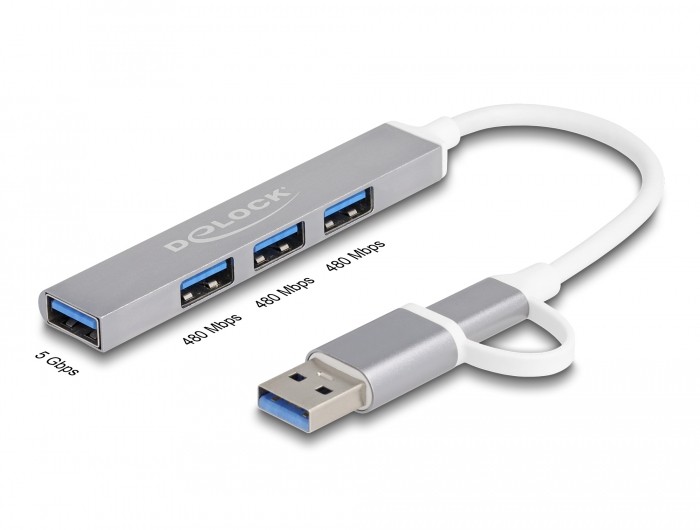 DeLOCK 4 prises minces USB Hub avec USB Type-C ou USB Type-A vers 3 x