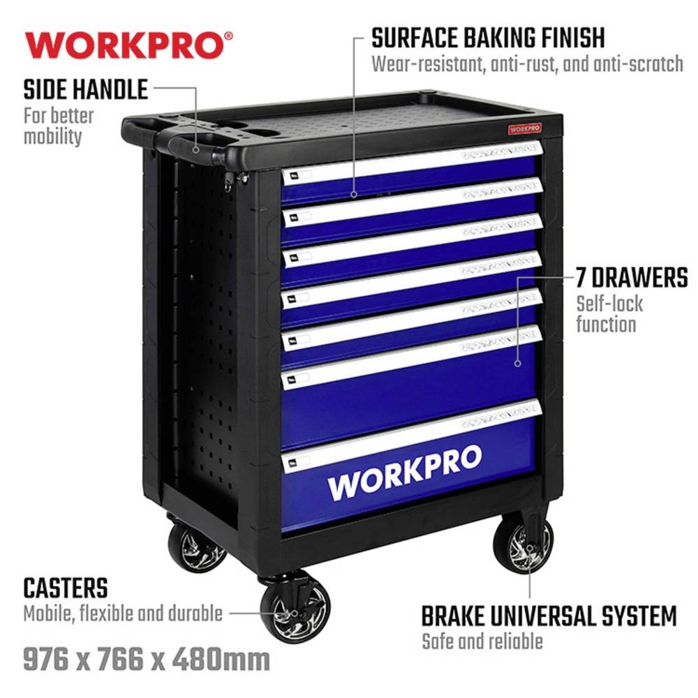 WorkPro WP209074 7-Schubladen Werkstattwagen con 193 Werkzeugen